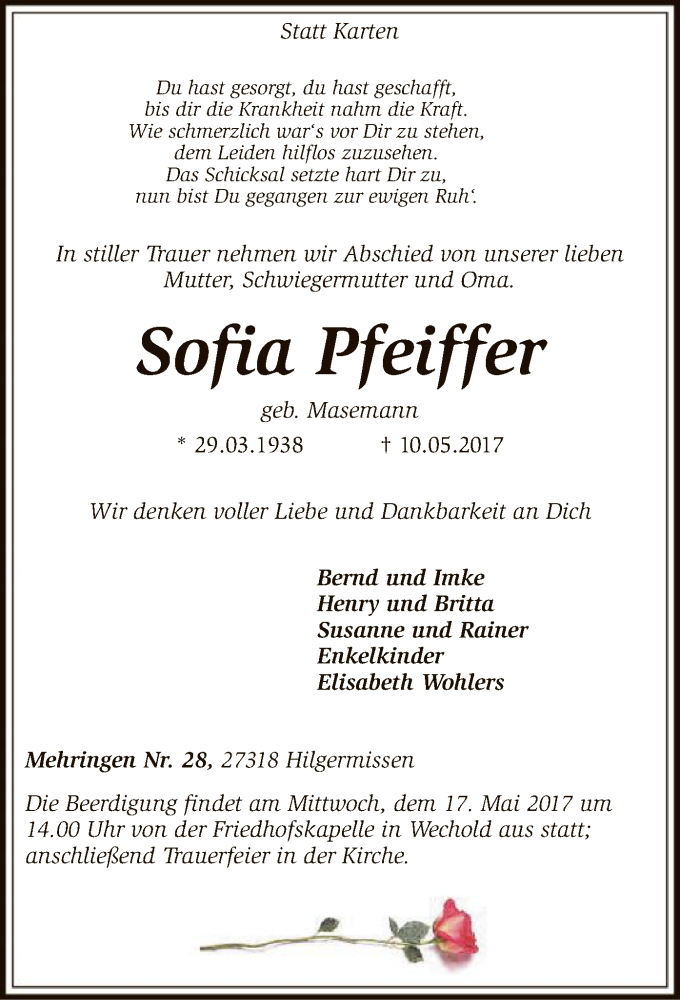  Traueranzeige für Sofia Pfeiffer vom 12.05.2017 aus SYK