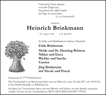 Traueranzeige von Heinrich Brinkmann von SYK