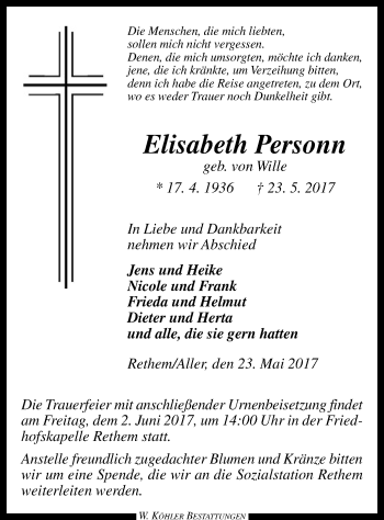 Traueranzeige von Elisabeth Personn von SYK