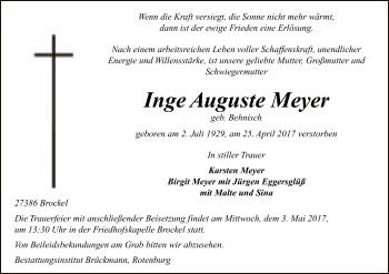 Traueranzeige von Inge Auguste Meyer von SYK