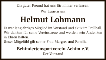 Traueranzeige von Helmut Lohmann von SYK