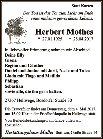 Traueranzeige von Herbert Mothes von SYK