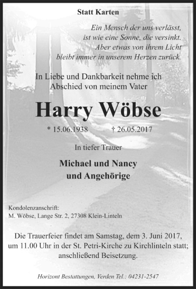  Traueranzeige für Harry Wöbse vom 30.05.2017 aus SYK