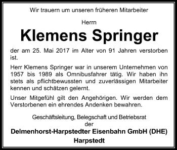 Traueranzeige von Klemens Springer von SYK