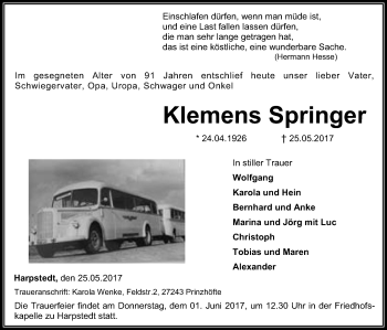 Traueranzeige von Klemens Springer von SYK