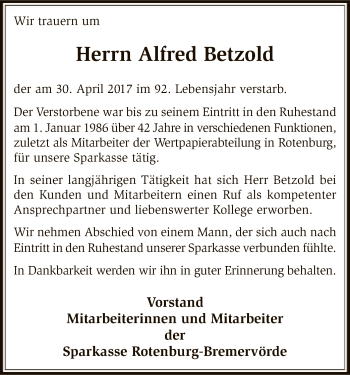 Traueranzeige von Alfred Betzold von SYK