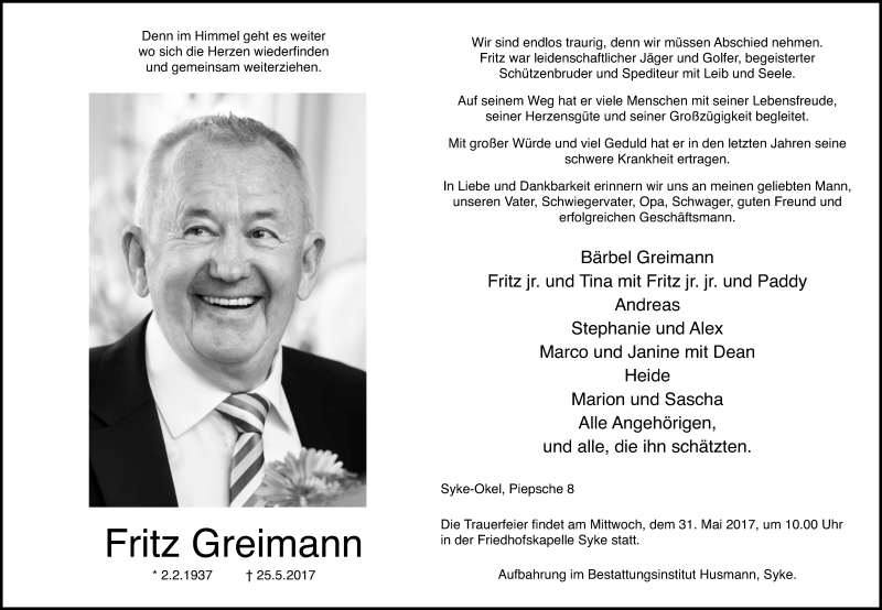  Traueranzeige für Fritz Greimann vom 27.05.2017 aus SYK