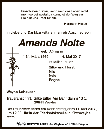 Traueranzeige von Amanda Nolte von SYK