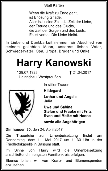 Traueranzeige von Harry Kanowski von SYK