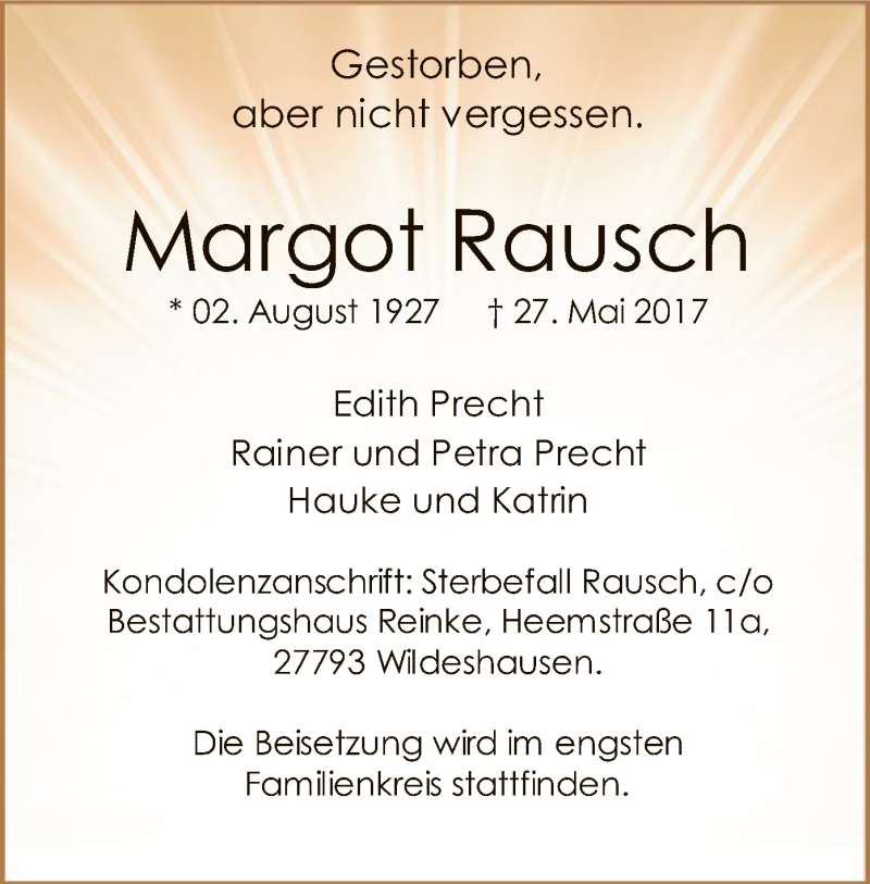  Traueranzeige für Margot Rausch vom 31.05.2017 aus SYK