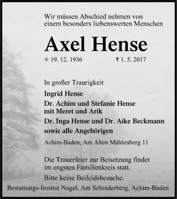 Traueranzeige von Axel Hense von SYK