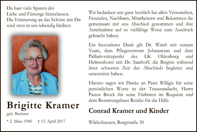  Traueranzeige für Brigitte Kramer vom 13.05.2017 aus SYK