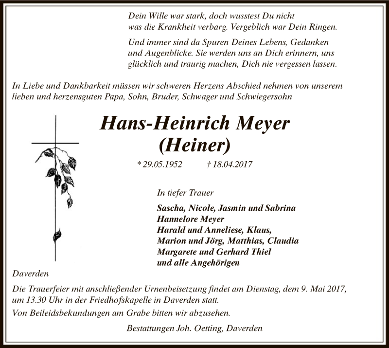 Traueranzeigen von Hans-Heinrich Meyer | trauer.kreiszeitung.de