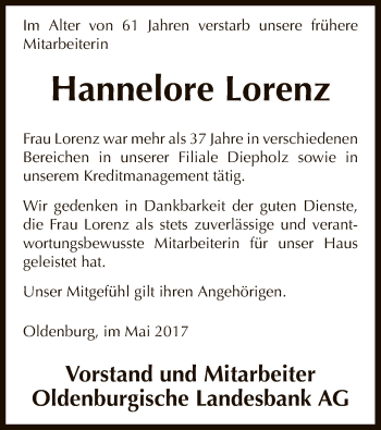 Traueranzeige von Hannelore Lorenz von SYK