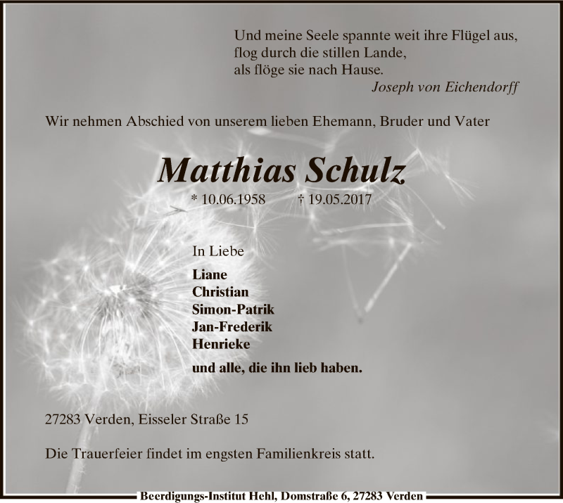  Traueranzeige für Matthias Schulz vom 24.05.2017 aus SYK
