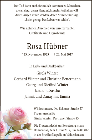 Traueranzeige von Rosa Hübner von SYK