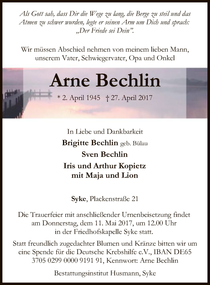  Traueranzeige für Arne Bechlin vom 06.05.2017 aus SYK