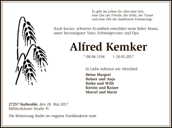 Traueranzeige von Alfred Kemker von SYK