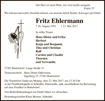 Traueranzeige von Fritz Ehlermann von SYK