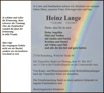 Traueranzeige von Heinz Lange von SYK