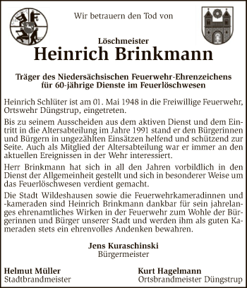 Traueranzeige von Heinrich Brinkmann von SYK