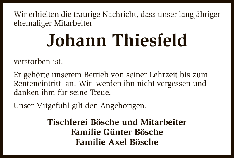  Traueranzeige für Johann Thiesfeld vom 29.05.2017 aus SYK