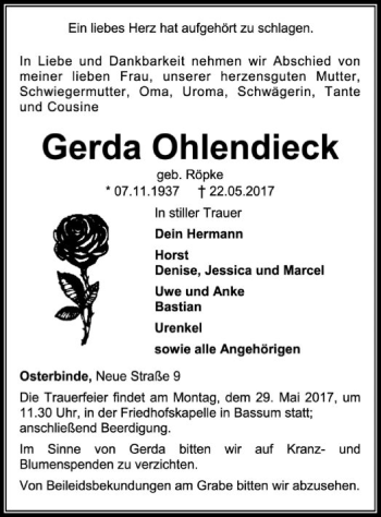 Traueranzeige von Gerda Ohlendieck von SYK