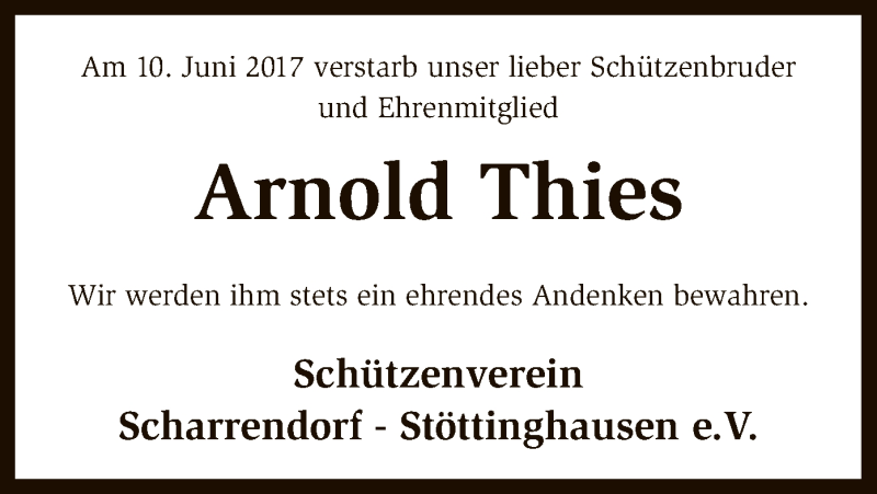  Traueranzeige für Arnold Thies vom 12.06.2017 aus SYK