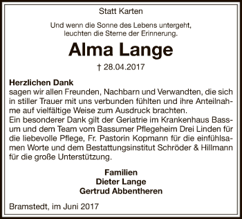 Traueranzeige von Alma Lange von SYK