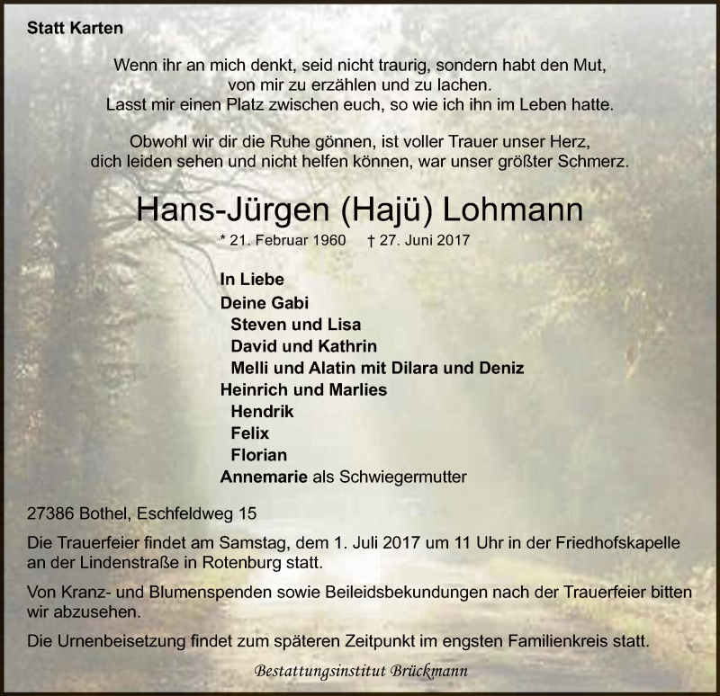  Traueranzeige für Hans-Jürgen Lohmann vom 30.06.2017 aus SYK