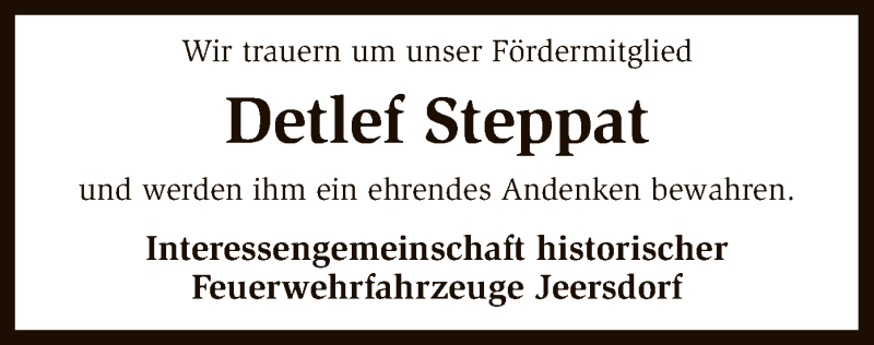  Traueranzeige für Detlef Steppat vom 23.06.2017 aus SYK