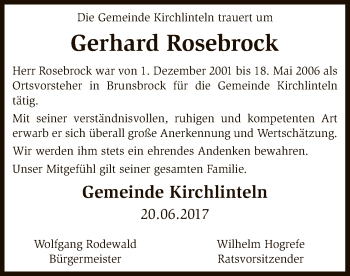 Traueranzeige von Gerhard Rosebrock von SYK