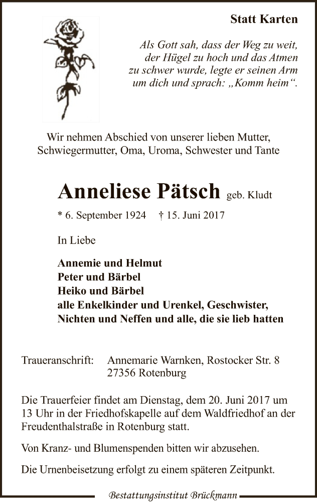  Traueranzeige für Anneliese Pätsch vom 17.06.2017 aus SYK
