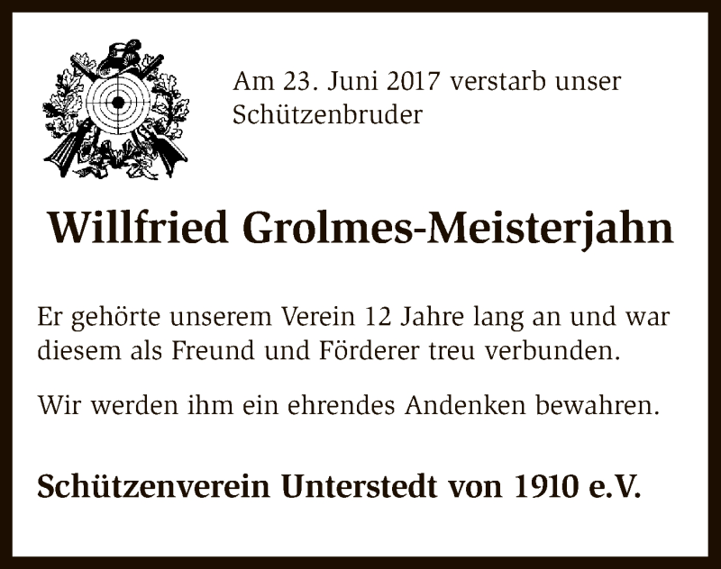  Traueranzeige für Willfried Grolmes-Meisterjahn vom 29.06.2017 aus SYK