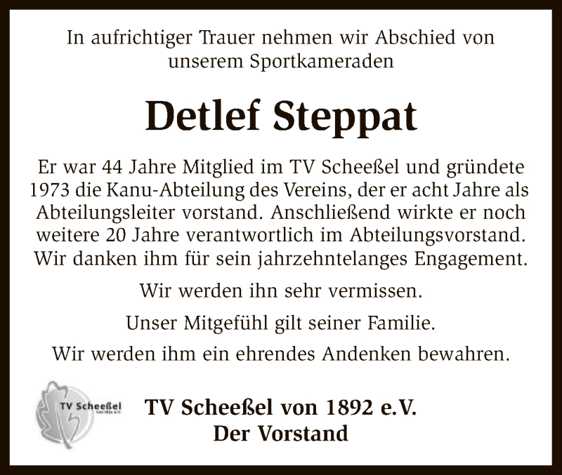  Traueranzeige für Detlef Steppat vom 23.06.2017 aus SYK