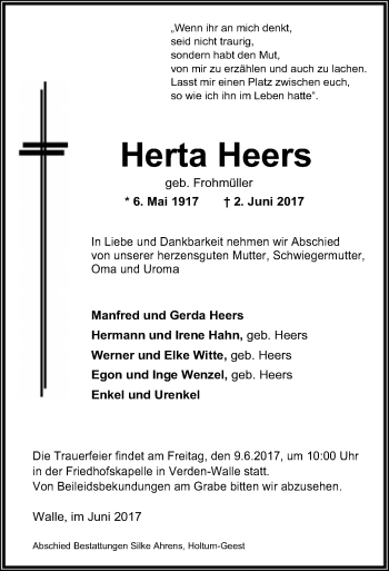 Traueranzeige von Herta Heers von SYK