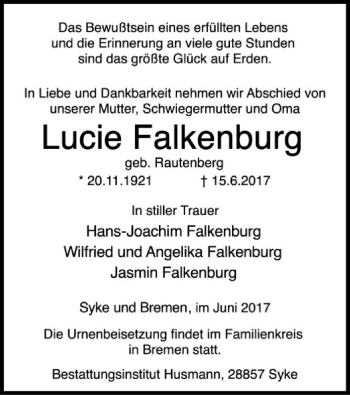 Traueranzeige von Lucie Falkenburg