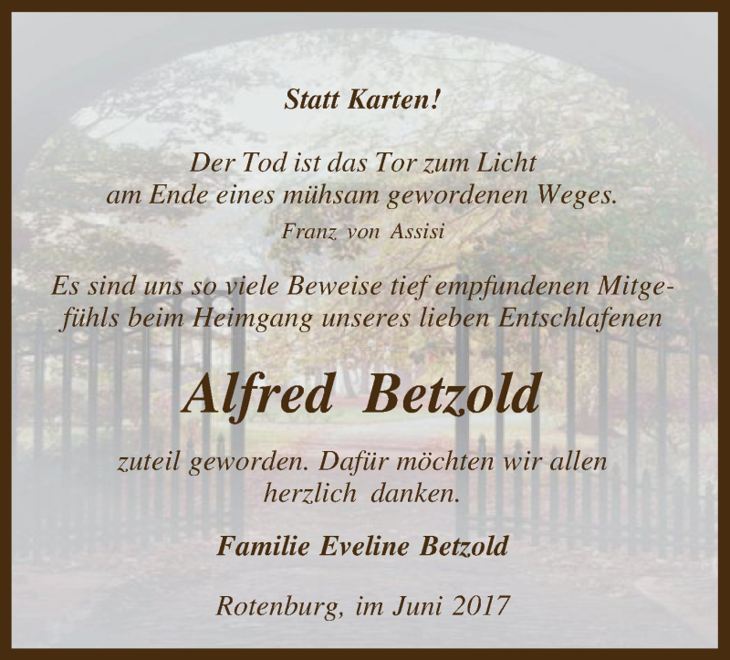  Traueranzeige für Alfred Betzold vom 10.06.2017 aus SYK
