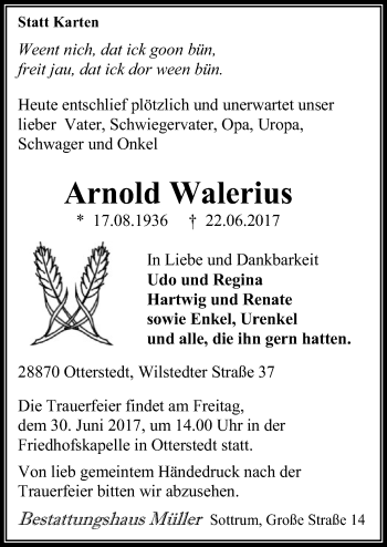 Traueranzeige von Arnold Walerius von SYK