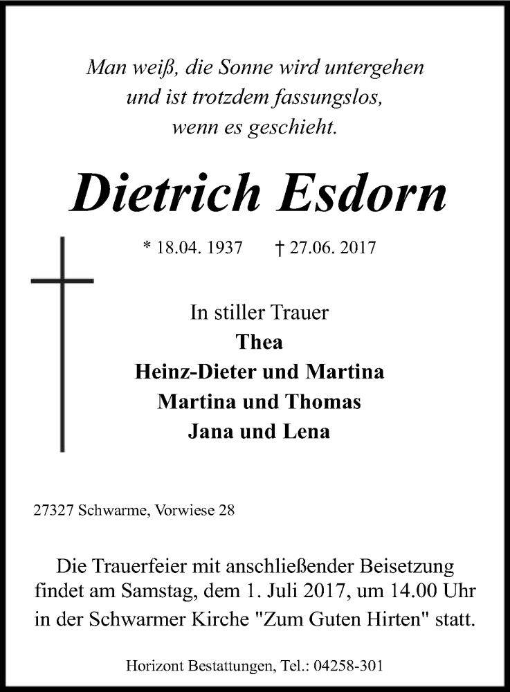  Traueranzeige für Dietrich Esdorn vom 28.06.2017 aus SYK