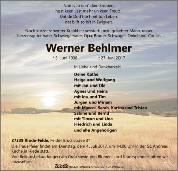 Traueranzeige von Werner Behlmer von SYK