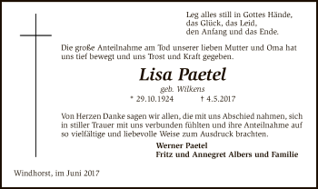 Traueranzeige von Lisa Paetel von SYK