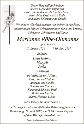 Traueranzeige von Marianne Röbe-Oltmanns von SYK