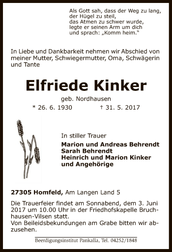 Traueranzeige von Elfriede Kinker von SYK