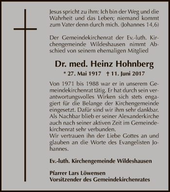 Traueranzeige von Heinz Hohnberg von SYK