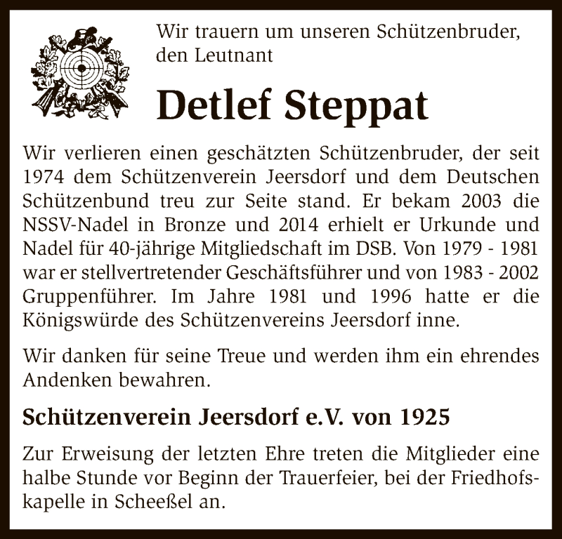  Traueranzeige für Detlef Steppat vom 22.06.2017 aus SYK