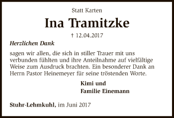 Traueranzeige von Ina Tramitzke von SYK