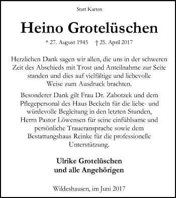 Traueranzeige von Heino Grotelüschen von SYK