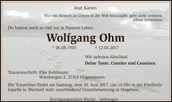 Traueranzeige von Wolfgang Ohm von SYK