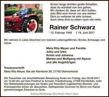 Traueranzeige von Rainer Schwarz von SYK